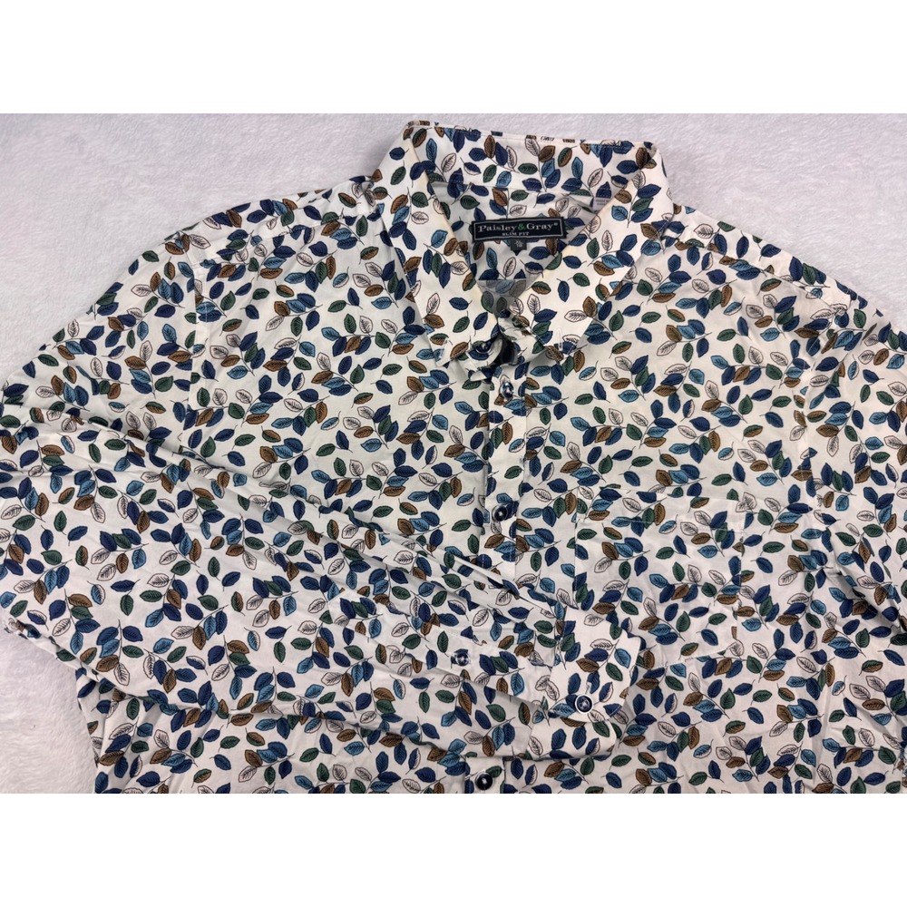 Paisley & Gray Mens Slim Fit Leaf Print Button Down Shirt XL 18 White Blue Green